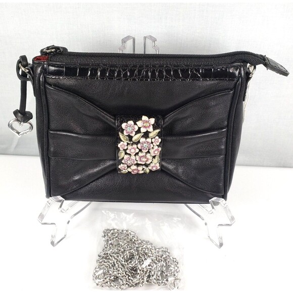 BRIGHTON Black Leather Floral Adorned BOW Small Clutch Mini  Bag - Picture 3 of 16